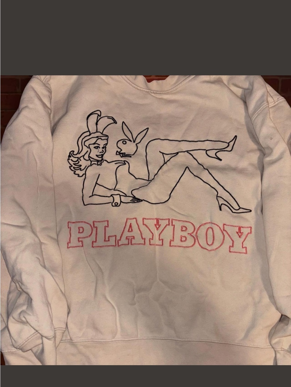 PLAYBOY White Crewneck Sweatshirt with Black Bunny Outline and Pink Logo